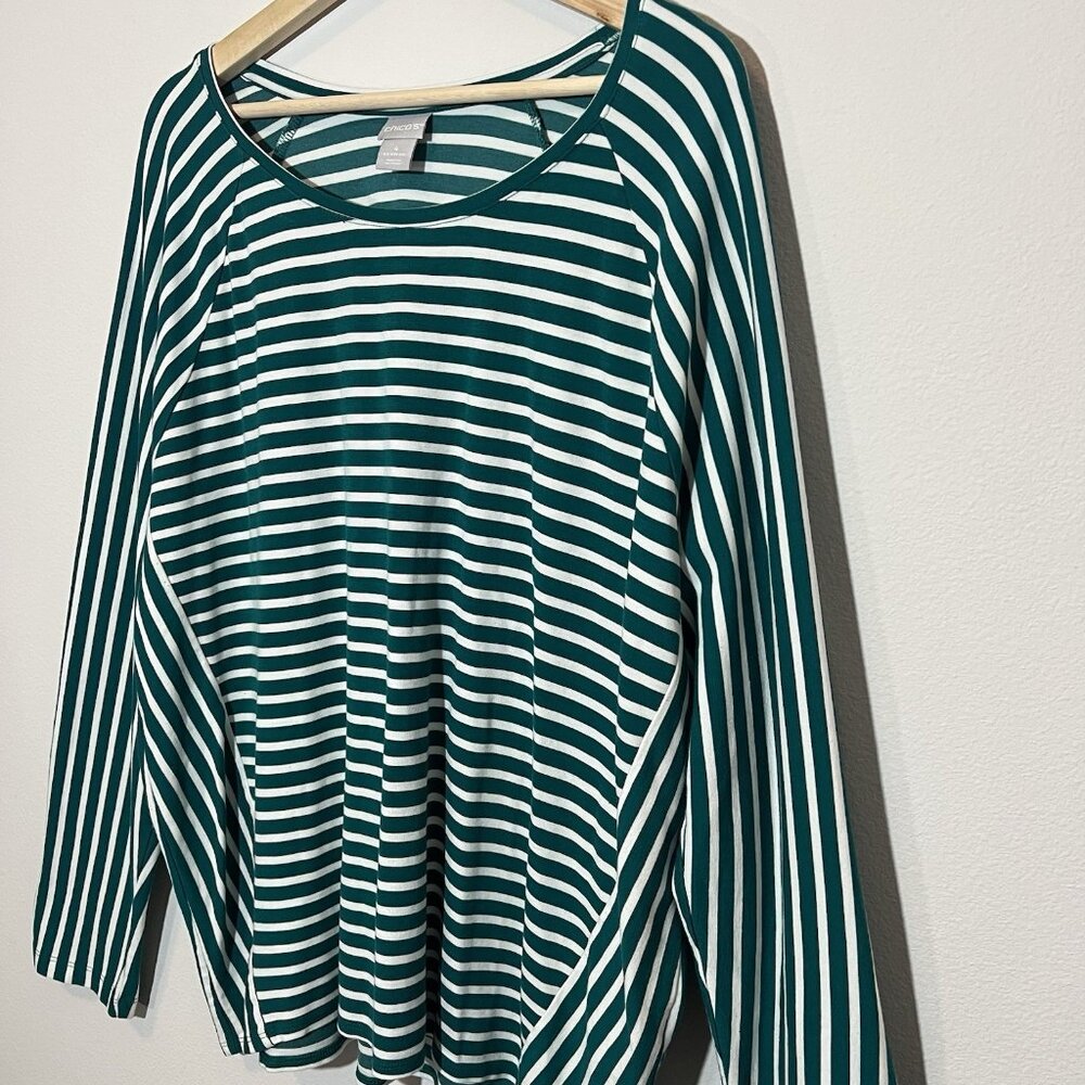 Chico’s 4 Women’s Stripe Top Size 2XL Scoop Neck Stretch Knit Pullover Green - Picture 3 of 9
